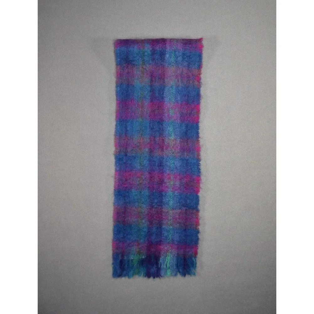 John Hanly Scarf Mohair Wool Blend Blue Purple Fringe Ireland Plaid Vintage